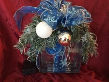 Xmas Chanukah Holiday Lighted Glass Block with Blue and Silver bow and balls
