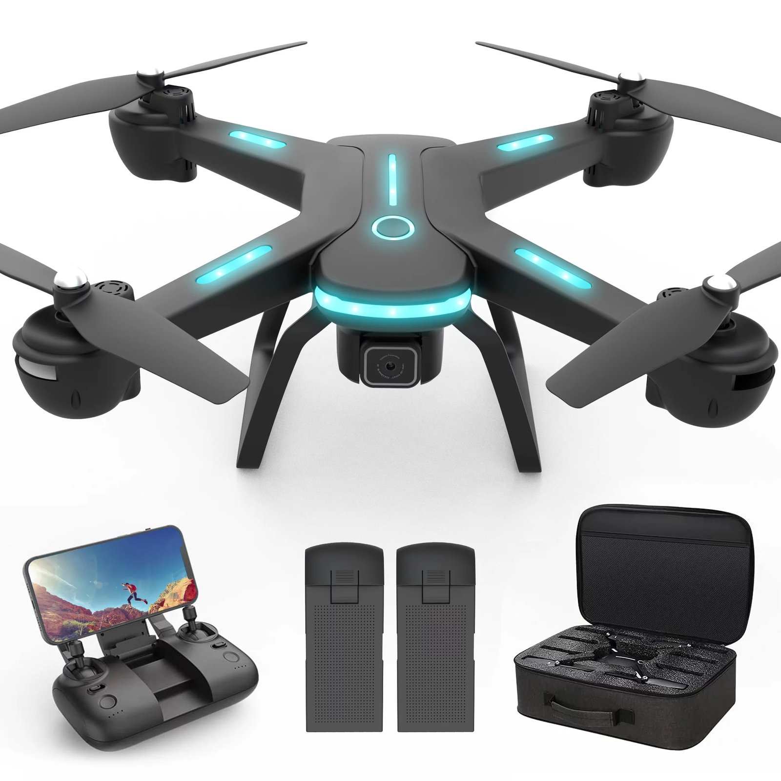 JY03 1080P HD Camera Drone, FPV Quadcopter with LED, Optical Flow, 2 Batteries-image