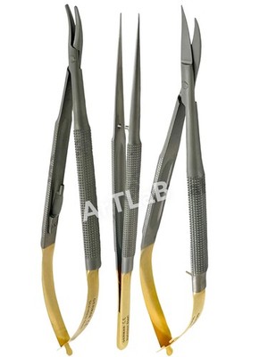 GERMAN STAINLESS TC SET OF 3 Castroviejo Micro Scissors Needle Holder Gold 