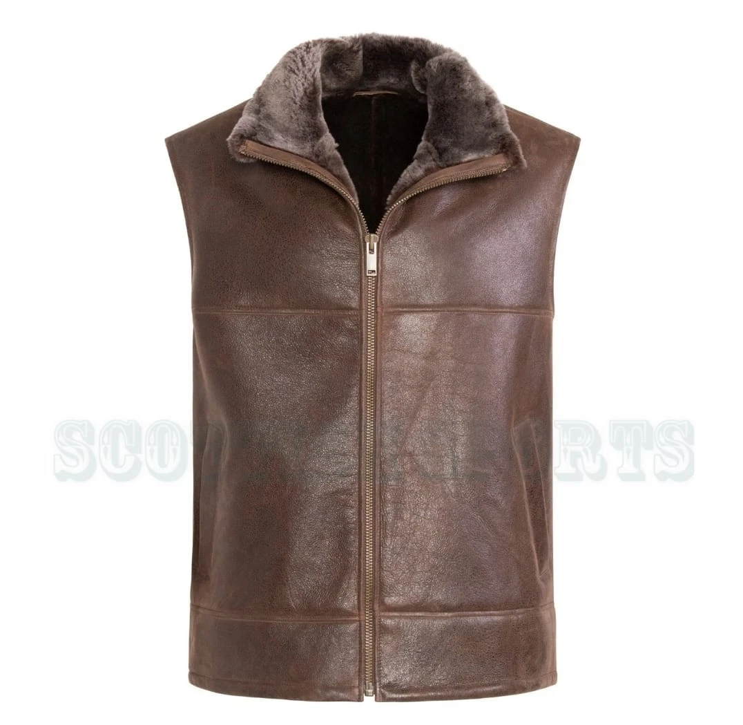 Men's Brown Real Sheepskin WaistCoat Shearling Genuine Leather Vest