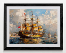 Hms Victory Style Sail Ship Framed Canvas Picture Poster Print Wall Art