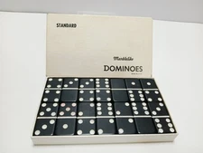 Vtg Set of 28 Puremco Standard Marblelike Black/White Dominoes #616=USA made