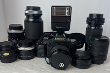Canon T70 35mm SLR Film Camera 35-70mm Lens, With 5 Lenses, Flash, Parts Repair