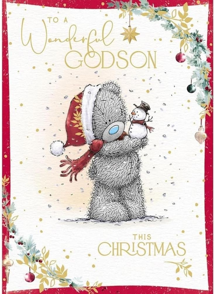 Me To You Bear Holding Little Snowman Wonderful Godson Christmas Card - Red - Image 2