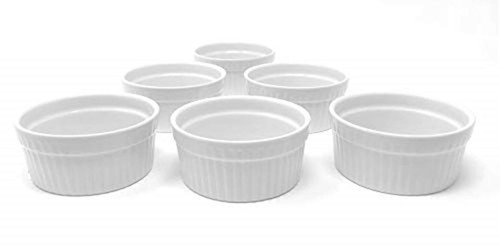 Furmaware Set of 6 Ceramic Ramekins - Non-Toxic Classic White  Assorted Sizes 