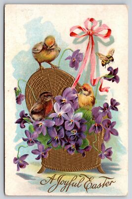 A Joyful Easter~Chicks & Basket Of Violet Flowers~PM 1909~Emb~Vintage Postcard