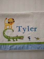 Pottery Barn Kids Bath Towel Zoo Wild Animals with name TYLER Blue Gingham New!