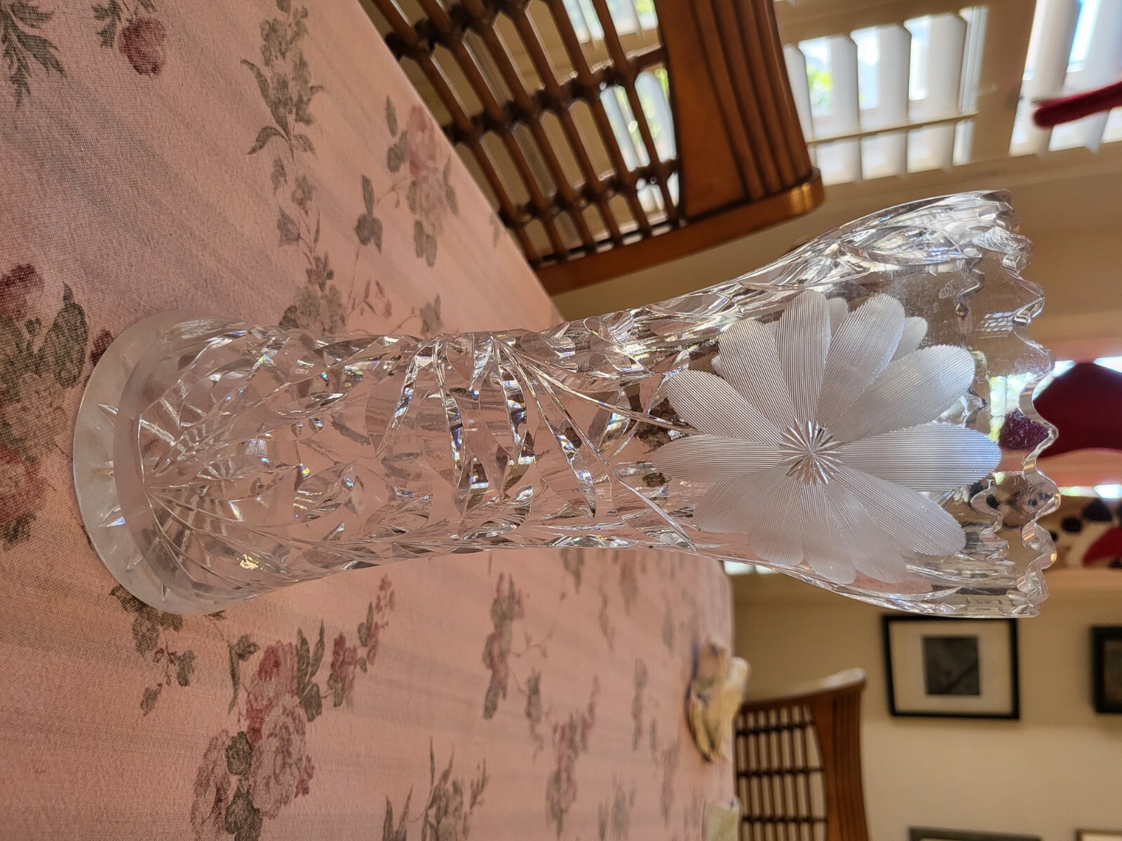 vintage large flower vase handcut lead crystal etched heavy glass eBay