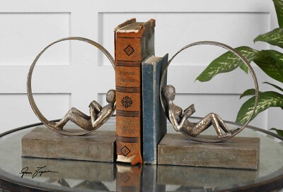 UTTERMOST 19596 LOUNGING READER ANTIQUED SILVER LEAF BOOKENDS SET OF 2