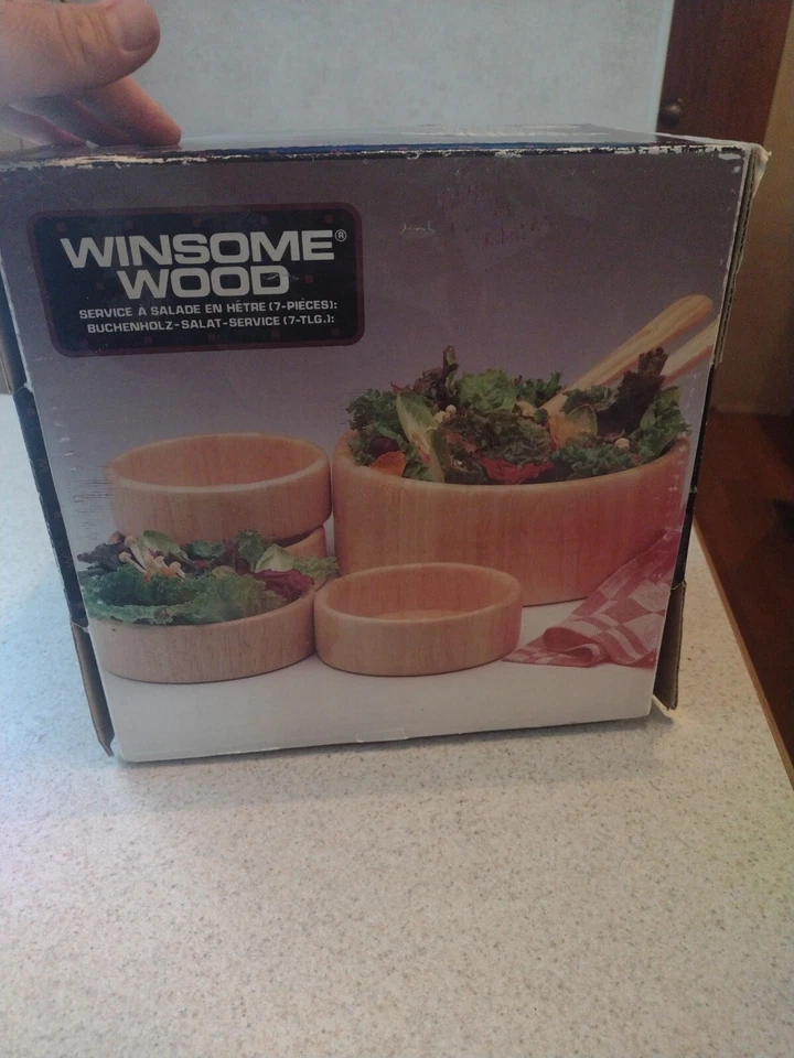 Vtg Beach Wood Salad Bowl Set 7 Piece Winsome  - Image 4 of 4