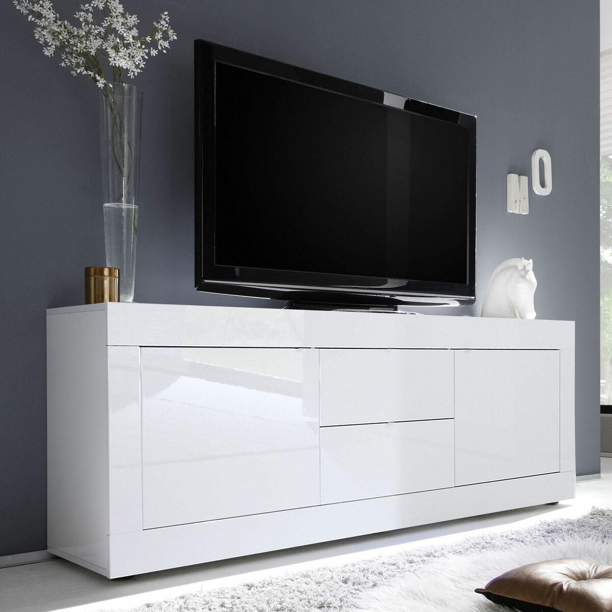 Lowboard TV-Element Kommode Basic weiß Hochglanz lack Schrank Wohnzimmer  210 cm | eBay