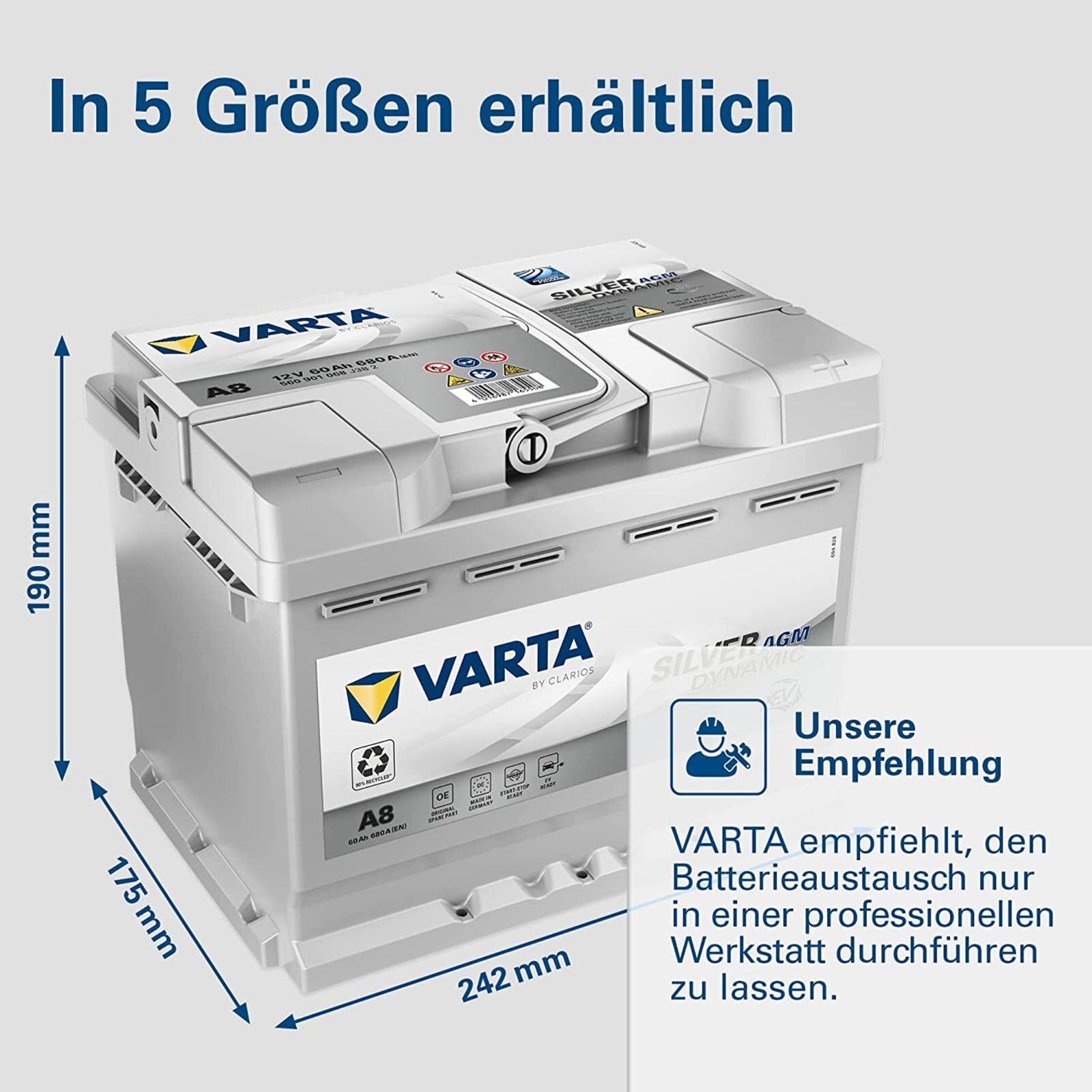 Batteria Auto VARTA D52 AGM 12V 60Ah 680A - Per Veicoli Con Start & Stop, Dimensioni 242x175x190 Mm - Foto 9