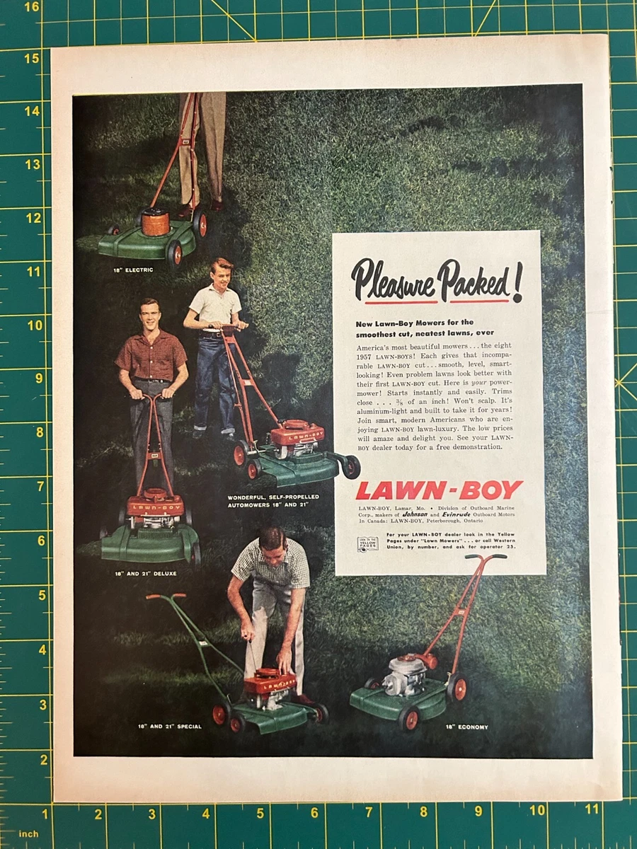 1957 Vintage Lawn Boy Lawn Mowers Electric Gas Pleasure Packed Print Ad P1