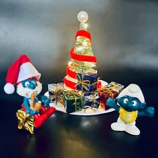 Smurfs Christmas Tree Display~Snappy Smurf & Rocking Chair Papa Smurf Figure Lot