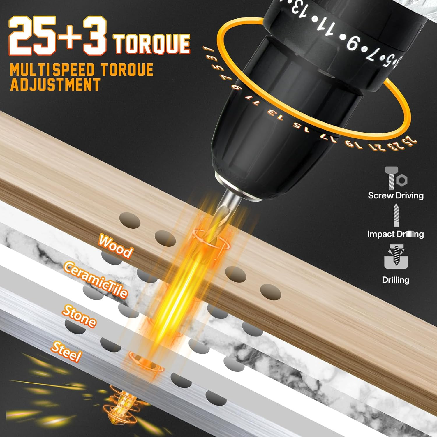 Trapano Avvitatore a Batteria 21V Professionale - Coppia 25+3 LED - 3