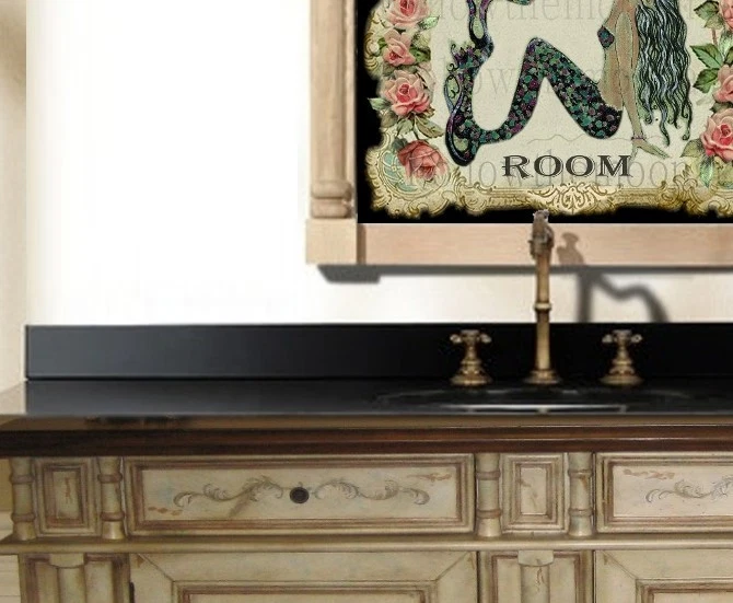 Powder Room Pretty Black haired Mermaid Pink Vintage Roses Nautical  Art print - Image 3 of 4