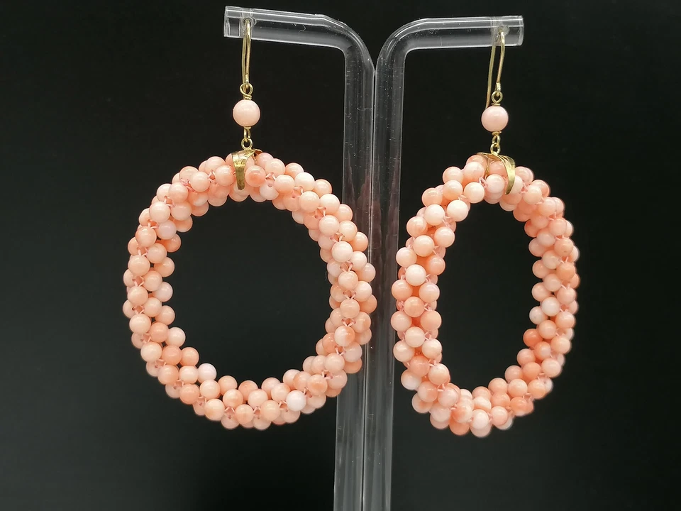 Pendientes de aro de oro amarillo de 18 quilates para mujer con coral rosa real joyas únicas Foto 2 de 4