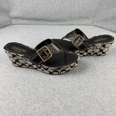 Coach Women’s Leather Wedge Slide Sandals Black/Gray Logo Buckle Size 9M Y2K - Image 1 of 4