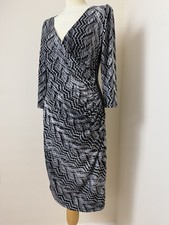 London Times Wrap Dress UK 14 Black White V Neck 3/4 Sleeve Stretch Midi