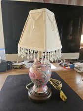 Vintage Porcelain Ginger Jar Handpainted Chinoiserie 13" Table Lamp Beaded Shade