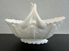 Vintage Fenton Daisy & Button Milk Glass Basket Trinket Dish w/Split Twig Handle