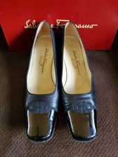Salvatore Ferragamo Margaret Black Leather Square Toe Pumps with Embroidered Bow