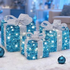 Blue Christmas Decorations, 140 LEDs Set of 3 Lighted Gift Boxes with 8 Modes...