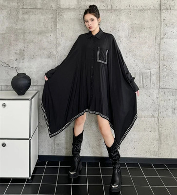 Schwarz Urban Street Long Edgy Overlay Top Locker Oversized Lagenlook Shirt 12
