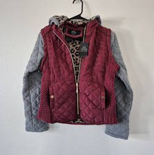 Louise Paris Women's Quilted Hooded Zip Jacket Lined Leopard Burgundy/Gray M