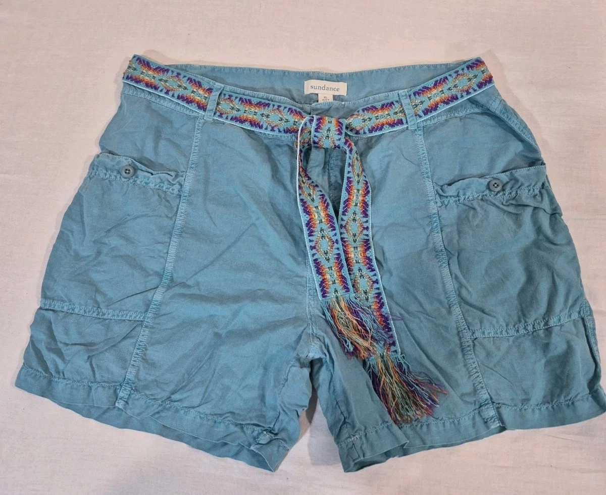 Sundance Shorts Women's Size 14 Linen Cotton Blend Boho Belted Aztec Summer