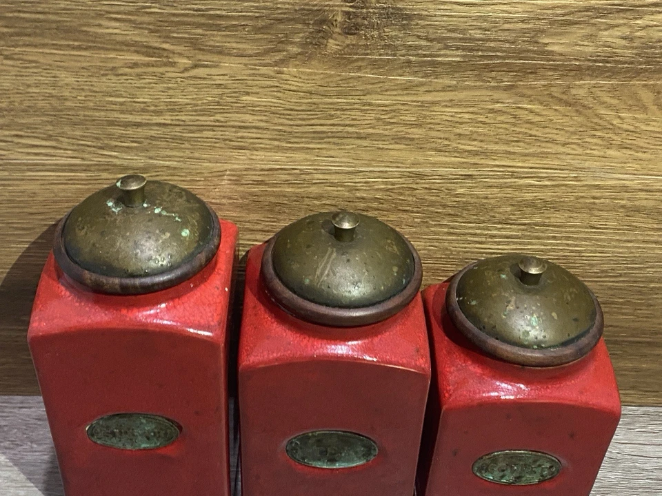 PIER 1 Import Rustic Brick Red 3 Ceramic Canister Jars Lids Set Coffee Tea Sugar - Image 4 of 4