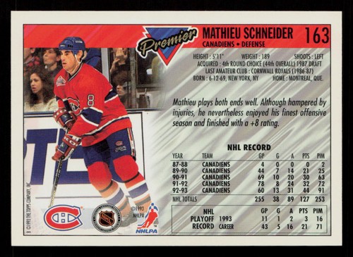 Mathieu Schneider 1993-94 Topps Premier Gold #163 Montreal Canadiens Hockey Card - Picture 2 of 2