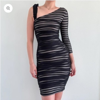 BCBG Max Azria Cocktail Dress Striped One Shoulder Size Medium Black White