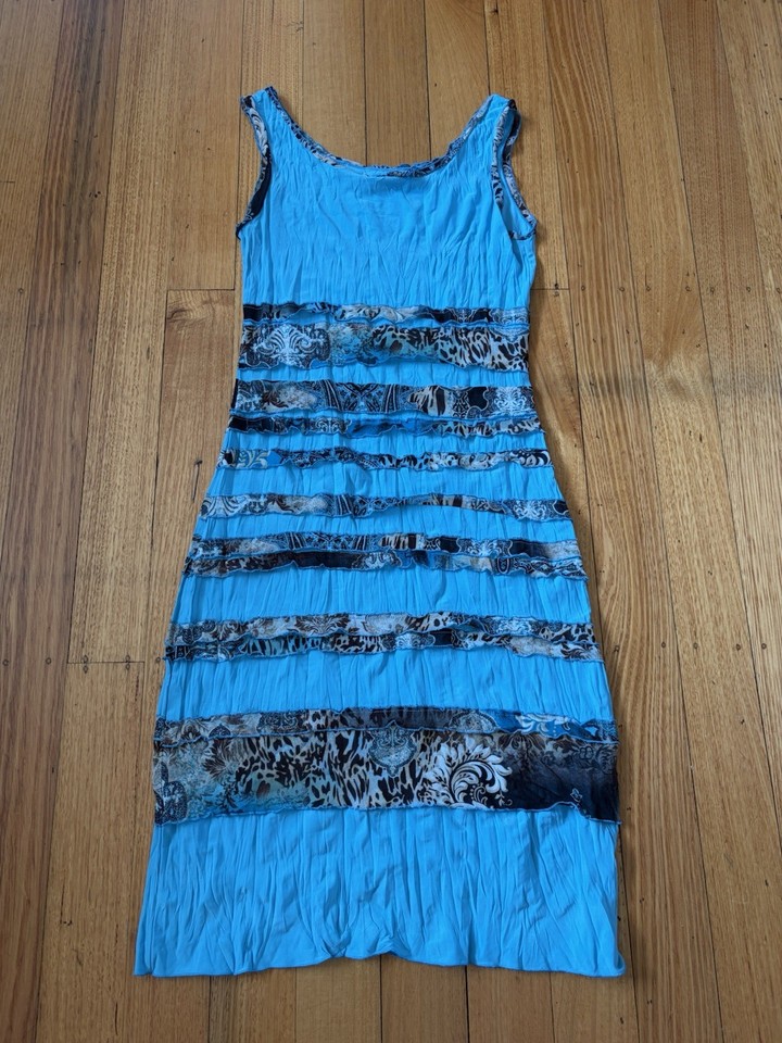 motto womens blue paisley shift dress size 10 sleeveless ruffle chiffon stretch