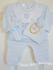 NWT Will'beth Blue Knit Welcome 4pc Set Preemie Baby Boys Pom Hat Booties 00