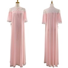 NWT Vintage 90s Lucie Ann Pastel Pink Nylon Lacy Tulip Maxi Nightgown Size S