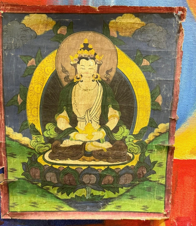 Антикварная тибетская буддийская тхангка — белая тара/бодхисаттва с ручной росписью - Изображение 2 из 4