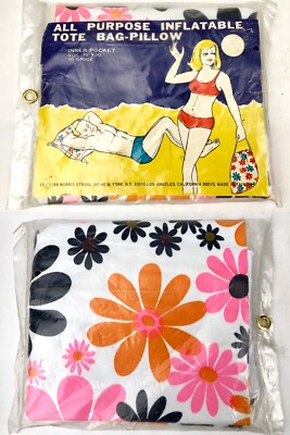 Vintage MCM 1960 s INFLATABLE TOTE BAG /PILLOW Morris Struhl FLORAL Beach Hippie