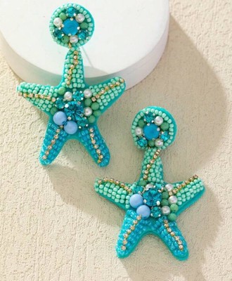 Starfish Shaped Bead /Rhinestone Heavy Duty Large Statement Fun Earrings