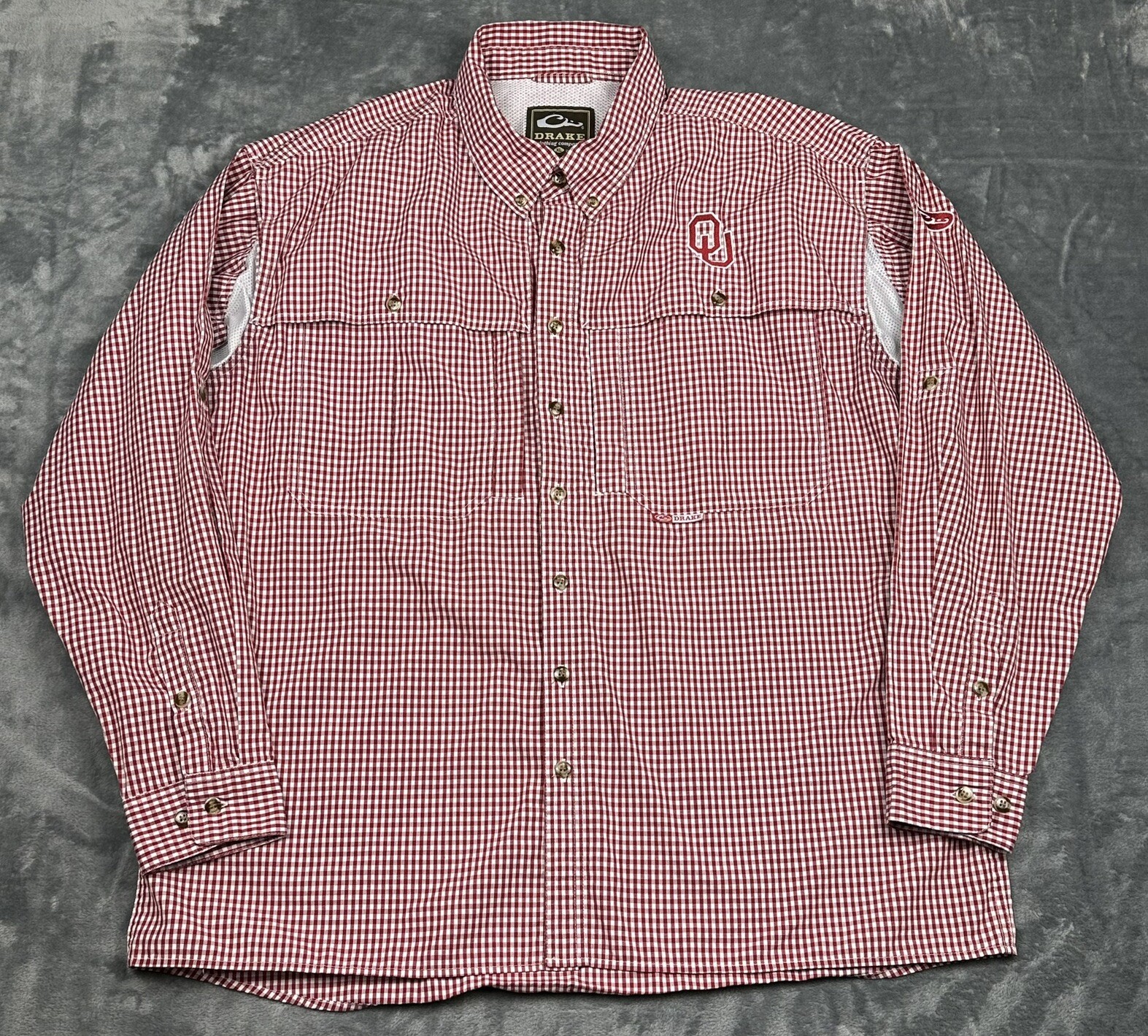 Drake Oklahoma Sooners Red White Vented Roll Tab Sleeve Shirt Mens XL OU NCAA