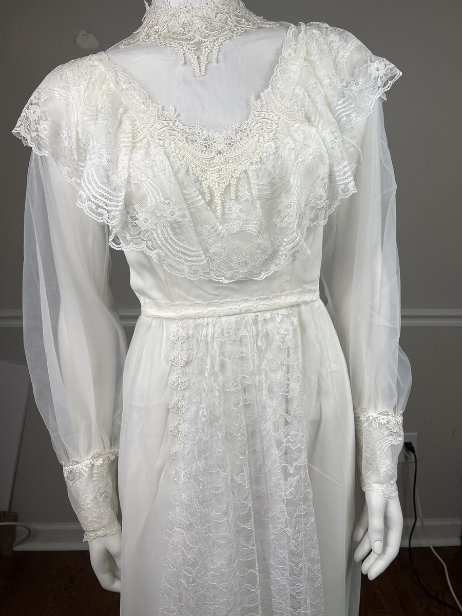 Vintage Bridallure 70s Lace Wedding Dress Train Alfred Angelo Ruffles White  34”
