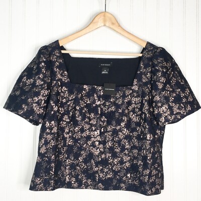 Club Monaco Brocade Puff Sleeve Blouse in Navy | Women's Regular Size 6 | Polyester | Stitch Fix