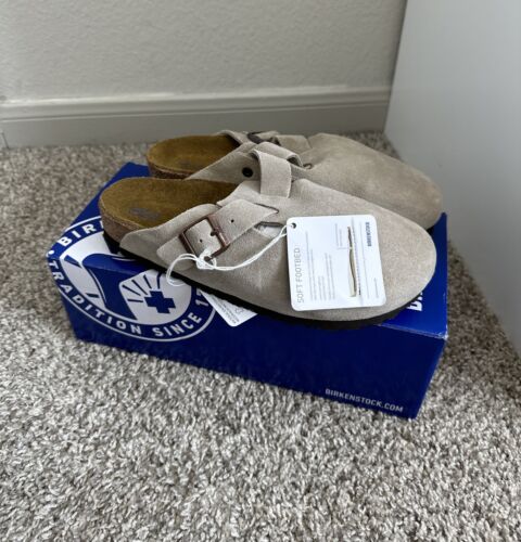 Birkenstock Boston Clogs Taupe Soft Footbed Narrow Fit Suede Womens 7 EUR 38 New - Picture 1 of 9