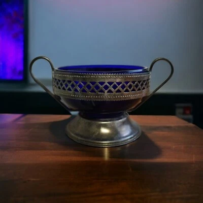 Coupe Metal Argente Art Deco Verre Bleu French Antique - Photo 1/2