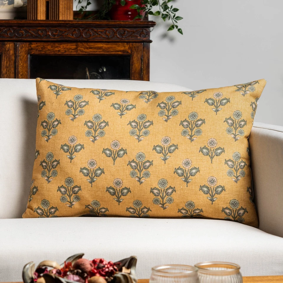 Jaipur Ochre Yellow Linen Blend XL Rectangle Cushion. Green Floral Print. 23x15" - Image 3 of 4