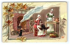 Thanksgiving Pilgrims 1910 Antique Holiday Embossed Postcard Black Cat      0507