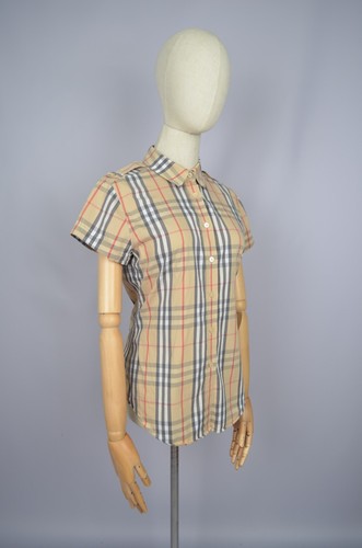 Womens Burberry London Nova Check Plaid Short S/S Shirt Size M P2P 18'8" Luxury - Picture 10 of 13