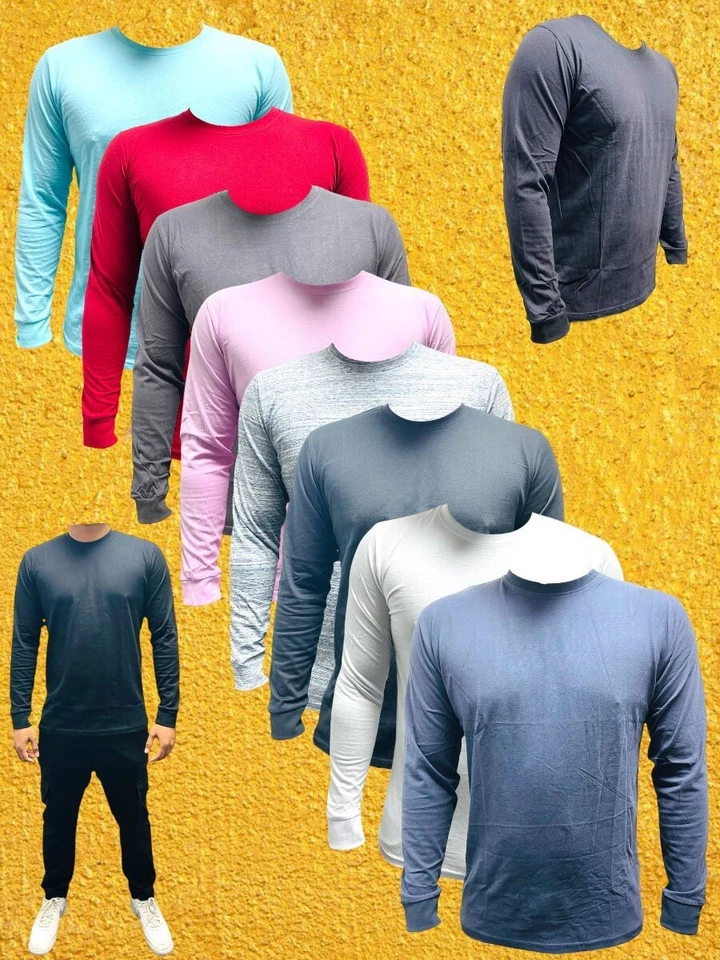 New Mens T Shirts Long Sleeve Crew Round Neck Tees Plain Designer Casual Top - Image 2 of 4
