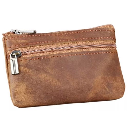 Brown Leather Small Coin Holder Change Purse Zipper Key card Wallet - Picture 4 of 4