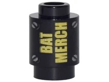 LEGO - Brick, Round 1 x 1 w/ Yellow 'BAT MERCH' & Silver Screws Pattern - Black